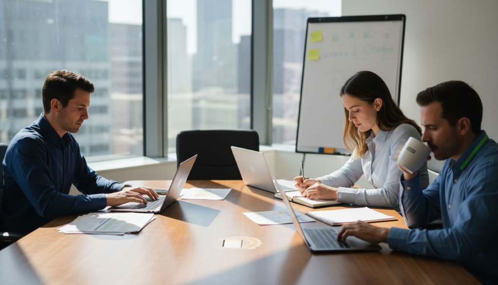 SaaS team discussing outreach strategy in office