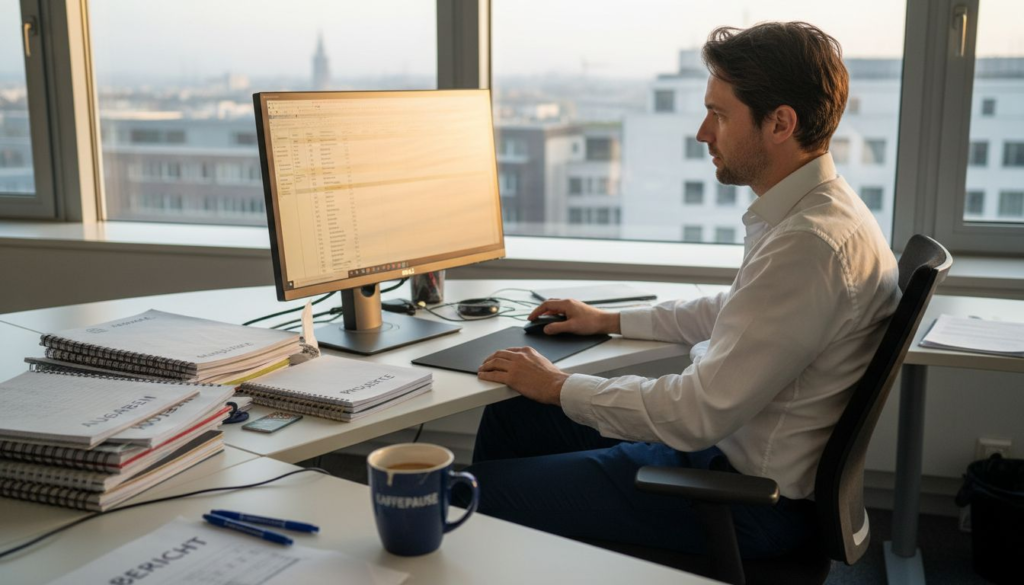 Ein Mitarbeiter analysiert im Büro die Daten zur B2B-Kundenansprache.