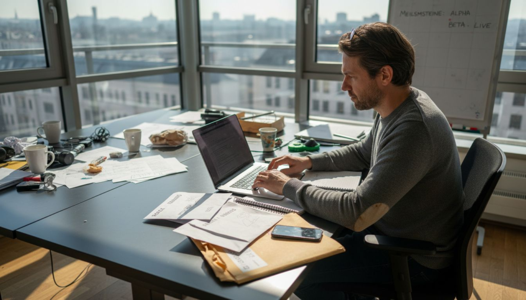 Ein SaaS-Unternehmer sitzt im Büro und verfasst eine E-Mail.