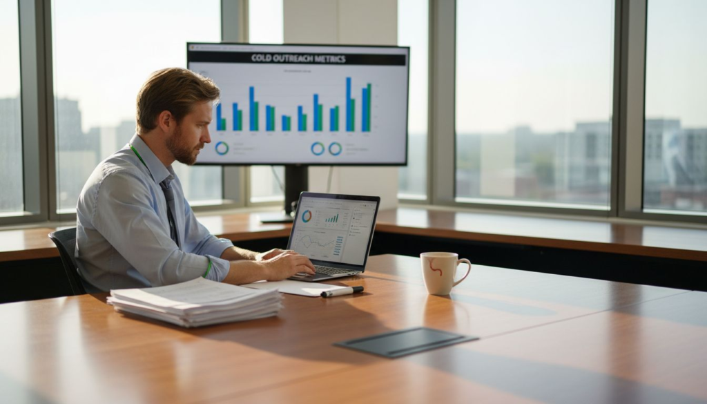 Sales manager reviews cold outreach metrics dashboard