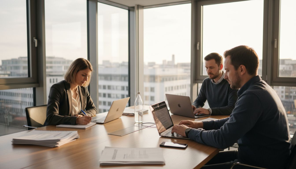 Das Vertriebsteam arbeitet gemeinsam in einem lichtdurchfluteten Eckbüro und genießt die angenehme Atmosphäre.