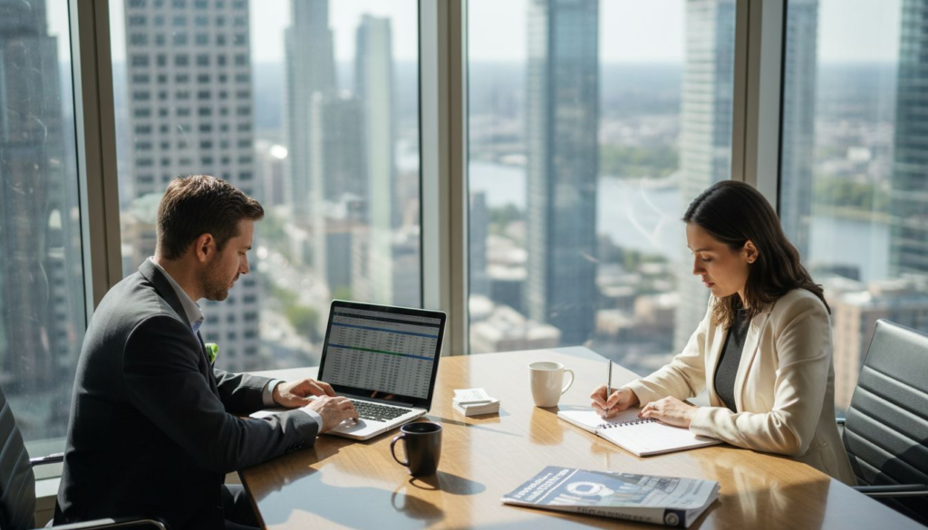 Professionals collaborating in B2B outreach office