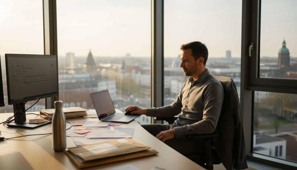 Ein Mann sitzt im Büro und verfasst eine sorgfältig formulierte E-Mail, um einen neuen Kontakt zu knüpfen.