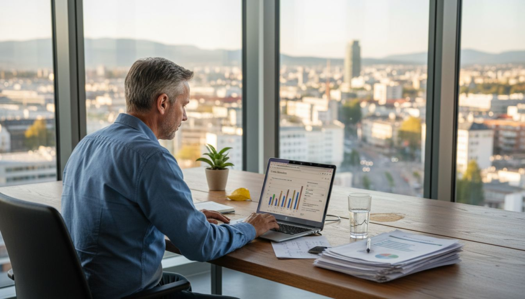 Ein Manager wertet am Schreibtisch die E-Mail-Statistiken aus.