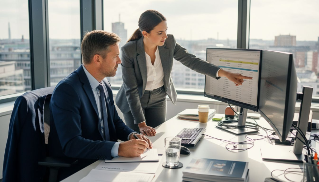 Das Vertriebsteam im B2B-Bereich bespricht gemeinsam, wie die aktuelle Vertriebsstrategie weiterentwickelt werden kann.