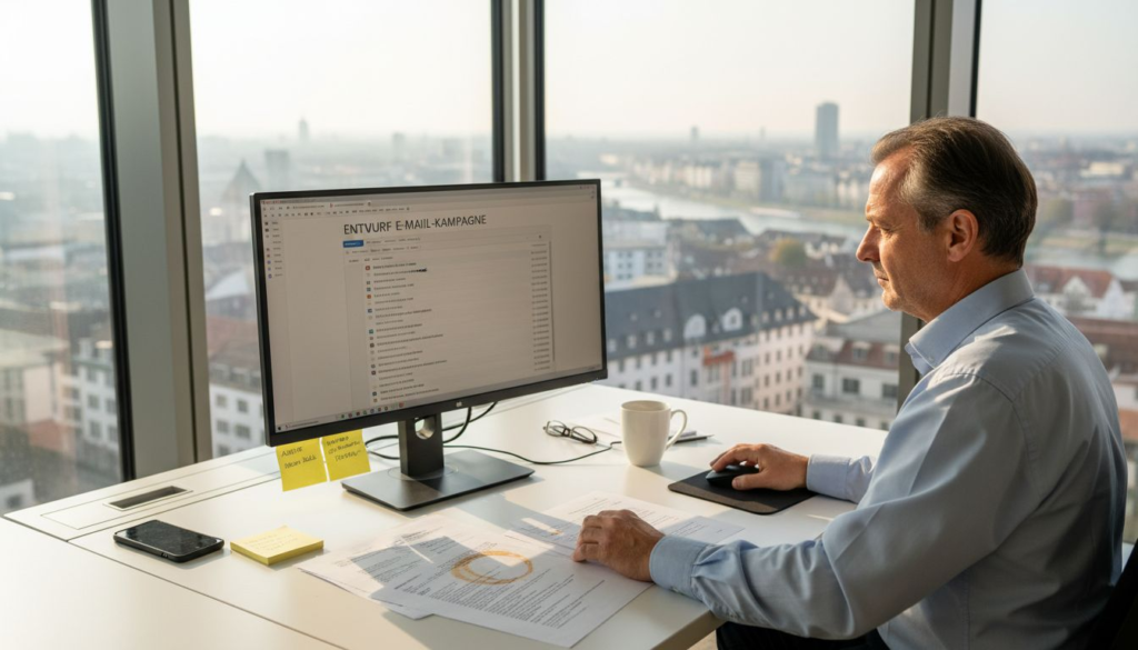 Ein Mitarbeiter entwickelt gerade eine E-Mail-Kampagne für ein B2B-SaaS-Unternehmen.