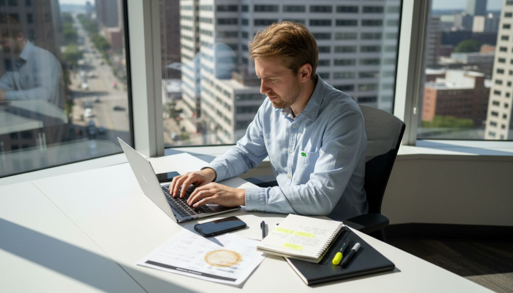 SaaS founder drafting email in bright office