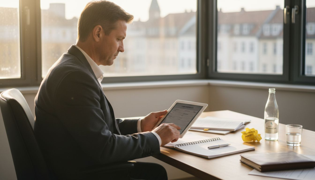Ein Vertriebsexperte prüft im Büro die Unterlagen eines Kunden.
