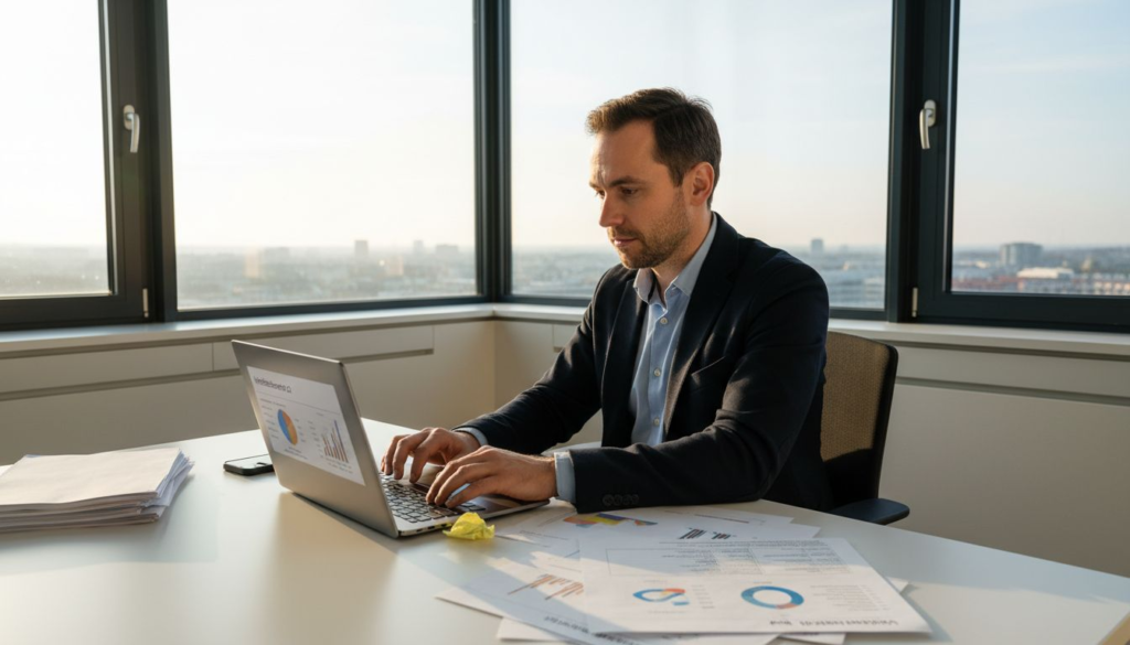 Ein Mitarbeiter prüft gerade einen Analysebericht zu den B2B-Verkaufszahlen.