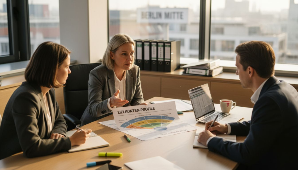 Das Team bespricht im Büro gemeinsam die ABM-Strategie.