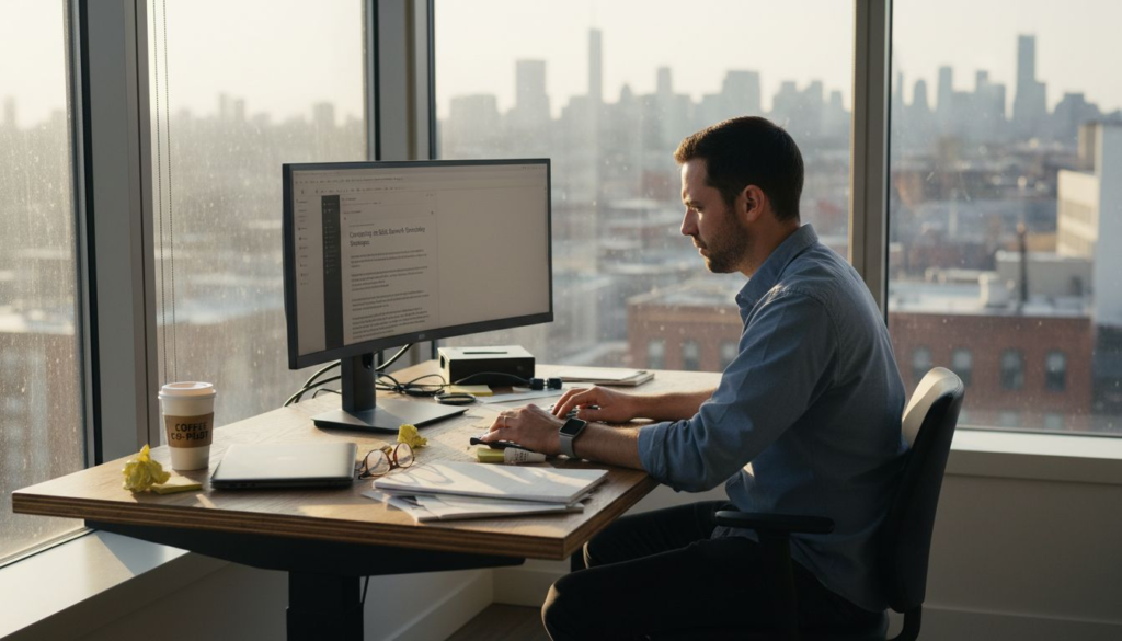 SaaS founder writing cold B2B emails in office