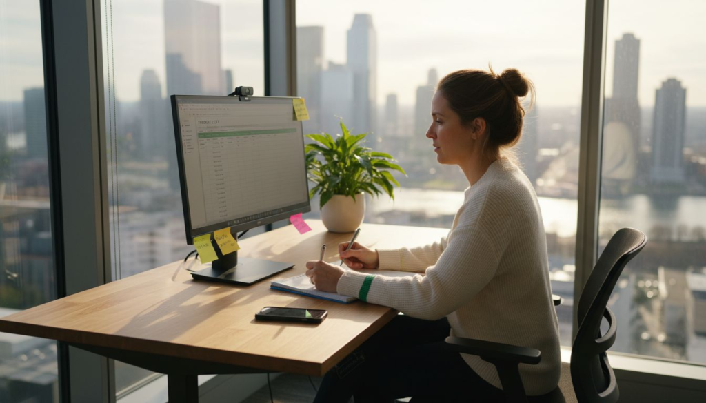 Strategist building outreach workflow in office