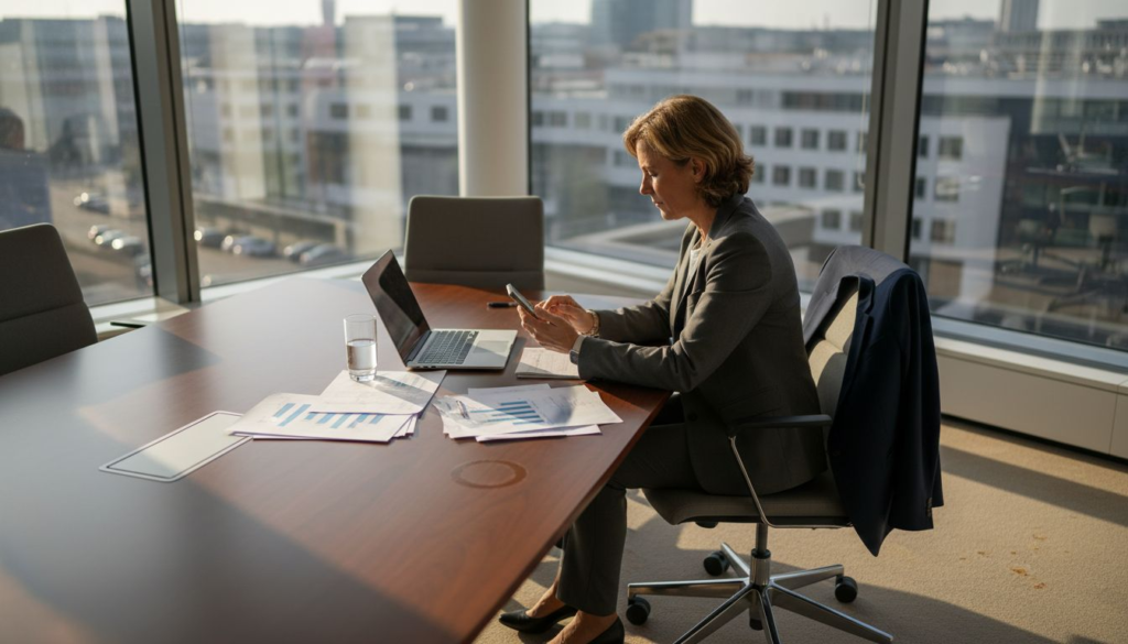 Ein Manager wirft einen Blick auf sein Smartphone, während in seinem modernen Eckbüro Diagramme und Grafiken auf dem Bildschirm zu sehen sind.