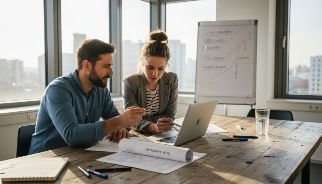 Das Vertriebsteam tauscht sich in einem hellen, modern eingerichteten Eckbüro aus und arbeitet gemeinsam an neuen Strategien.