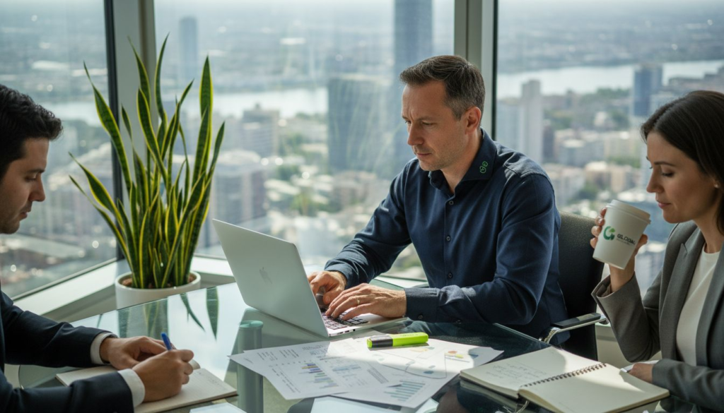 Team working on B2B outreach emails in office