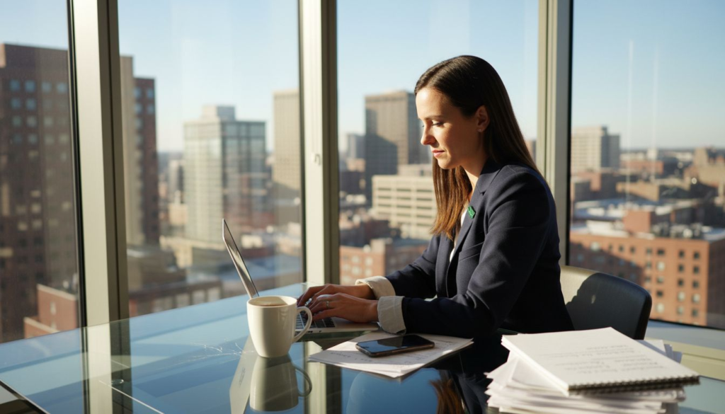 Businesswoman sending cold email in city office