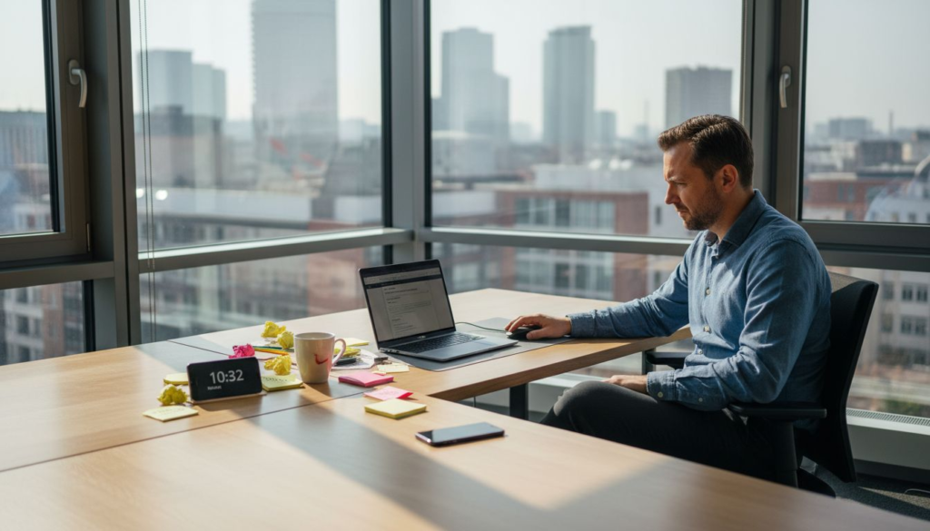Eine Marketingmanagerin prüft ihre E-Mails im Büro mit Blick auf die Stadt.