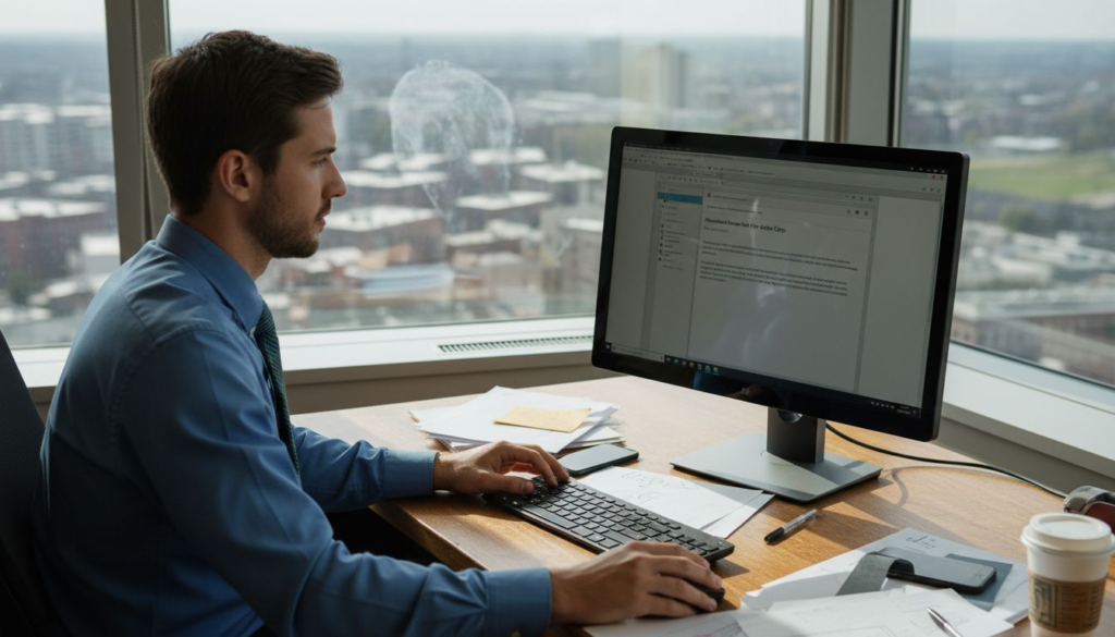 Professional composing cold outreach email in office