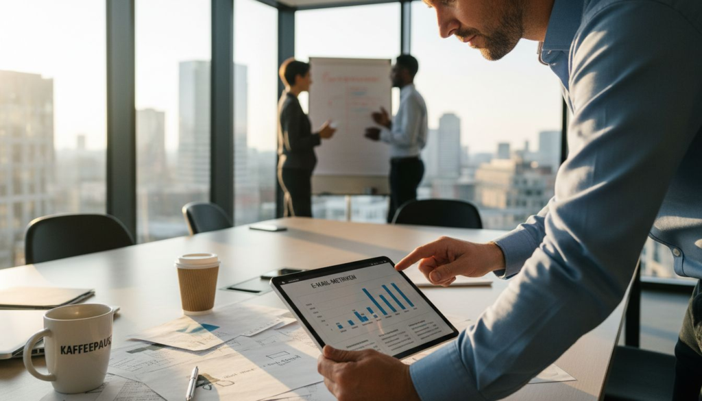 Ein Geschäftsmann überprüft am Schreibtisch die Statistiken seiner B2B-E-Mails.