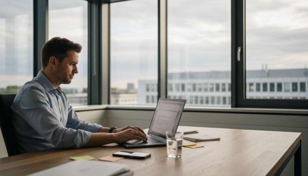 Ein Mitarbeiter verfasst im Vertriebsbüro eine geschäftliche E-Mail.