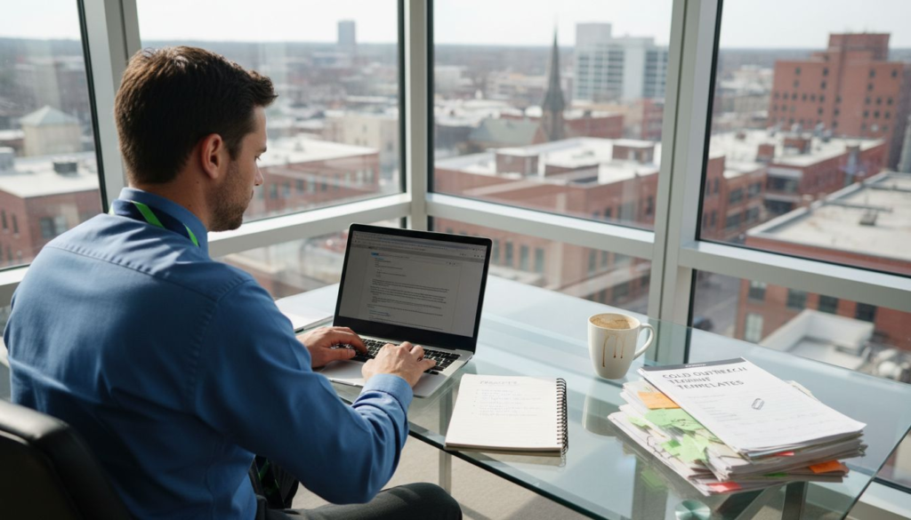 Professional writing cold outreach email in city office