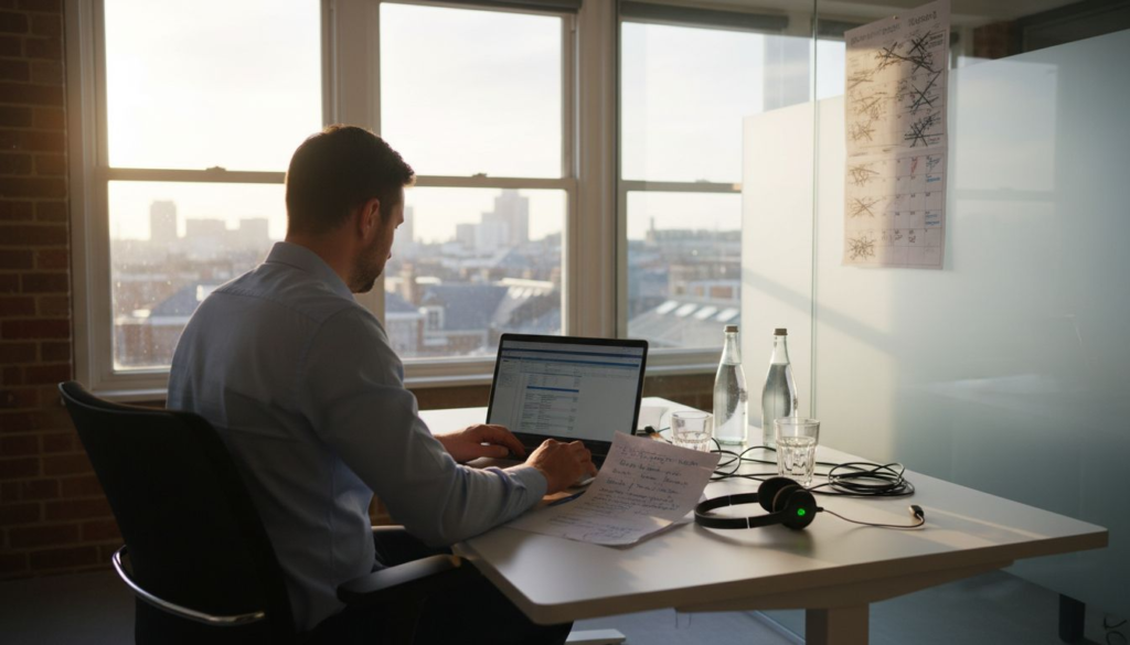 Sales manager crafting cold outreach at desk