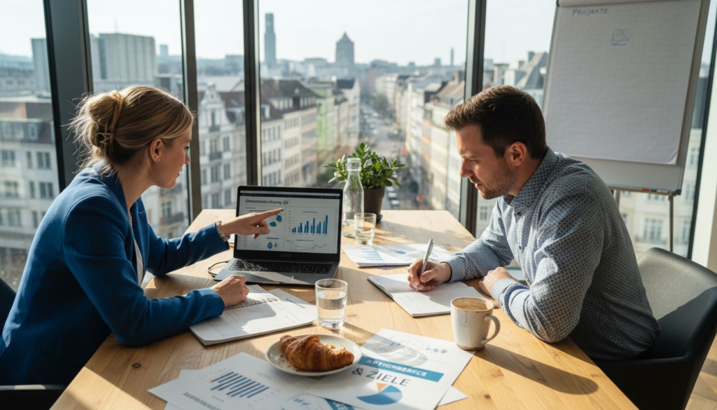 Ein Team sitzt gemeinsam am Konferenztisch und entwickelt Strategien für die Ansprache von Geschäftskunden.