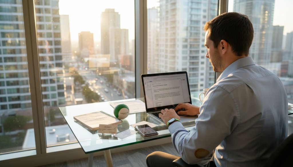 Professional composing cold email in city office