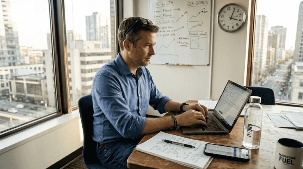 Marketer drafts SaaS campaign in bright office