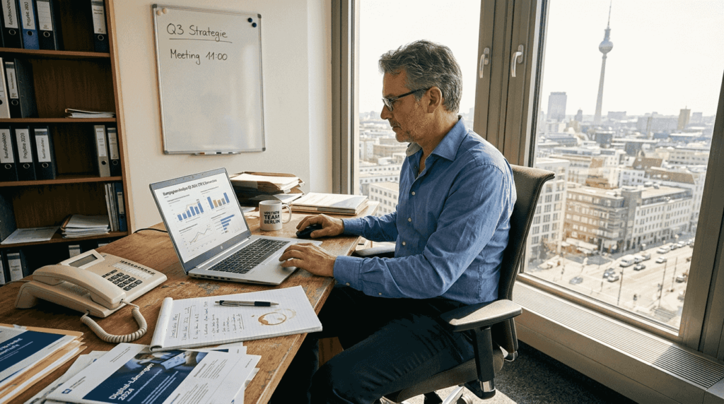 Im großzügigen Büro mit Blick auf die Stadt prüft der Vertriebsleiter die Ergebnisse der aktuellen Outbound-Kampagne.