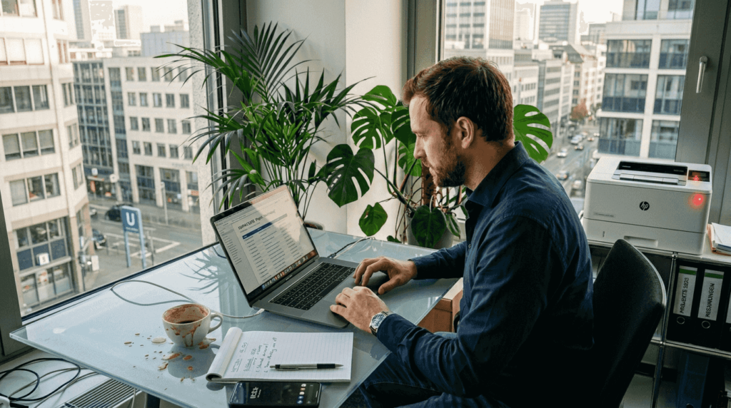 Ein B2B-SaaS-Spezialist richtet seinen Arbeitsplatz für die nächste Kaltakquise-Runde ein.