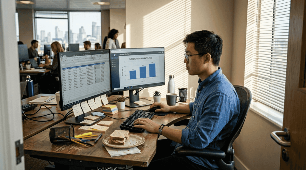 Analyst reviewing outreach data at corner desk